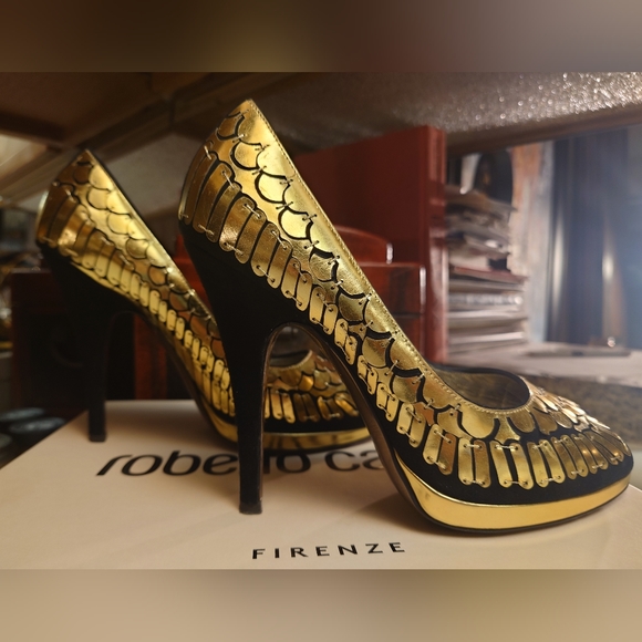 Showstopping Gold Black Suede ROBERTO CAVALLI Peeptoe Metallic Stiletto Pump 39 - Picture 6 of 10